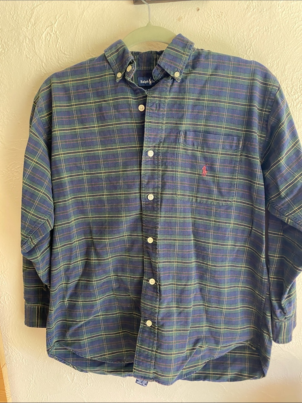 Vintage Ralph Lauren Navy & Green Plaid Button-Down Shirt with Pink Pony